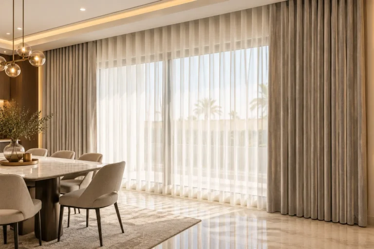 ستائر ويفي بنظام المسارين من اللينن البني والشيفون العاجي بتصميم عصري